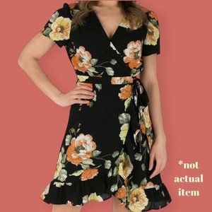 💐 NWT FLORAL RUFFLE WRAP DRESS BLACK ORANGE YELLOW LUXOLOGY SZ S
